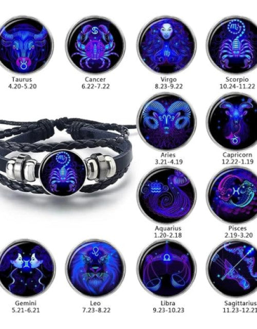 Multilayer Constellation Zodiac Leather Bracelet Vintage Black Leather Bracelet